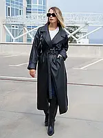 Черный кожаный тренч с разрезами, размер XL