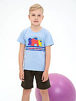Голубая хлопковая футболка с принтом, размер 122