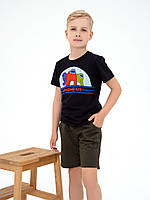 Черная хлопковая футболка с принтом, размер 116