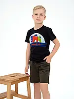 Черная хлопковая футболка с принтом, размер 152