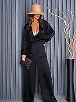 Шелковый черный костюм в пижамном стиле, размер S