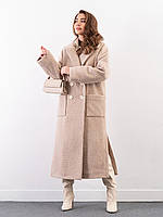 Бежевое пальто из букле с накладными карманами, размер 3XL