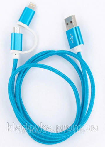 USB кабель 2 в 1 Lightning/MicroUSB, 2A, 1 метр. Блакитний Кладовка - фото 2 - id-p1520402005