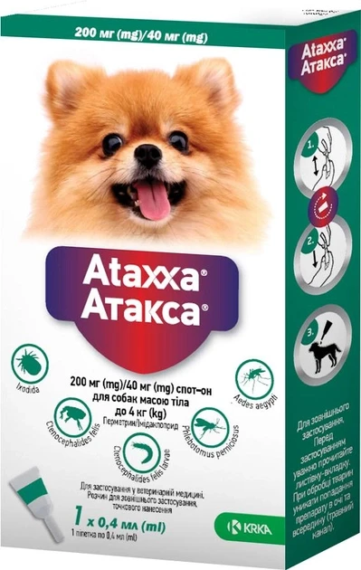 Краплі від бліх та кліщів КРКА Атакса спот он 0.4 мл для собак вагою до 4 кг