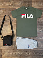 Летний комплект 3 в 1 футболка шорты и сумка Фила серого и оливкового цвета