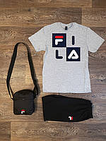 Летний комплект 3 в 1 футболка шорты и сумка Фила серого и черного цвета