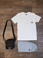 Летний комплект 3 в 1 футболка шорты и сумка Андер Армор серого и белого цвета