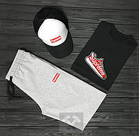 Чоловічий комплект футболка, кепка і шорти Supreme сірого і чорного кольору (люкс) S