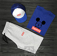 Чоловічий комплект футболка, кепка і шорти Supreme синього і сірого кольору (люкс) S