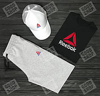 Мужской костюм тройка кепка футболка и шорты Рибок (Reebok), летний мужской костюм, S