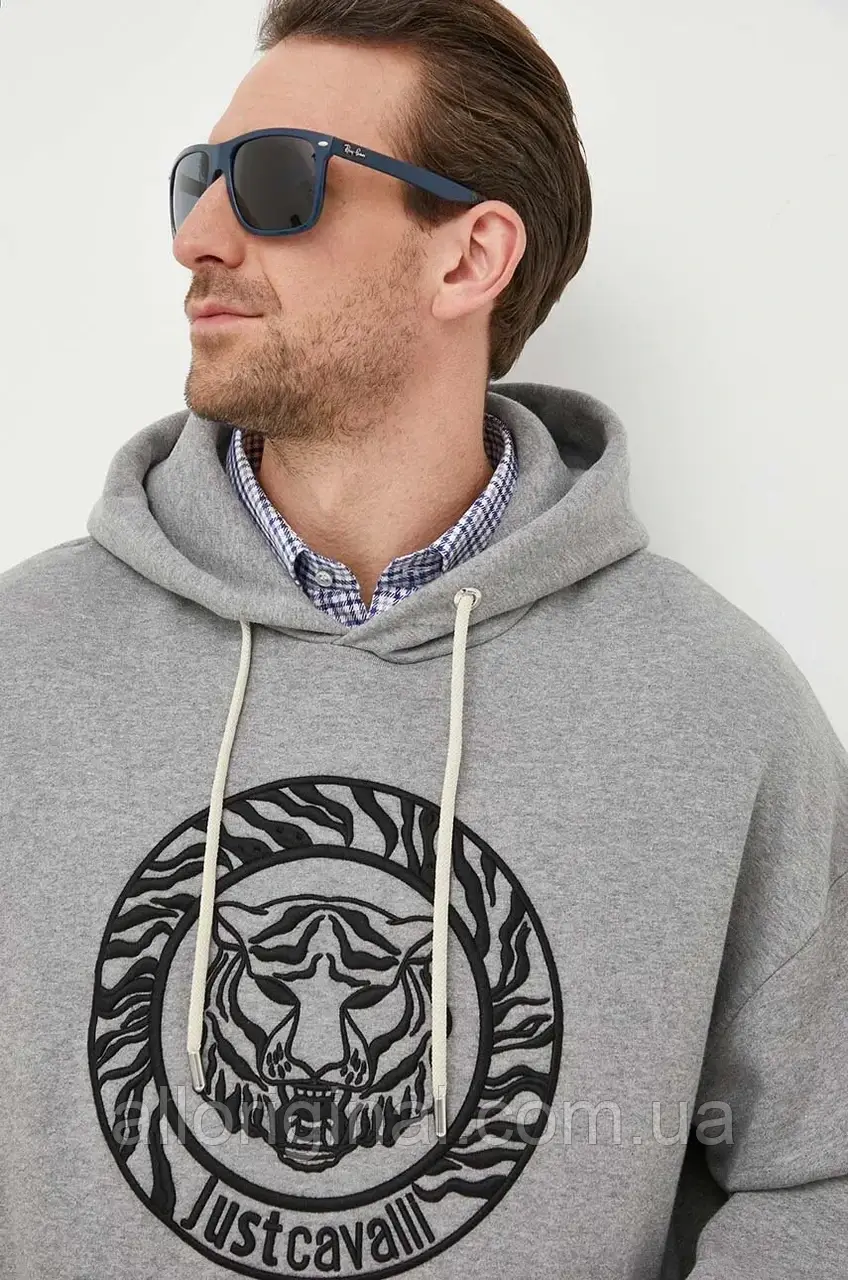 AllOriginal com ua Бавовняна кофта Just Cavalli чоловіча колір сірий з капюшоном з аплікацією РОЗМІРИ, фото 1
