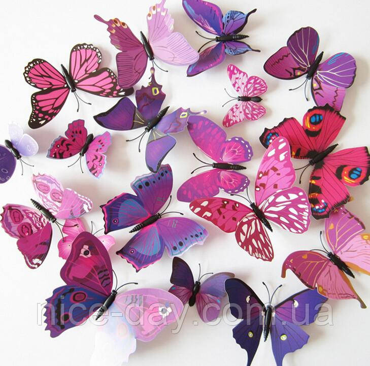 Декоративні 3D- метелики на магнітах, наклейки на стіну Фіолетовий колір 12 шт.