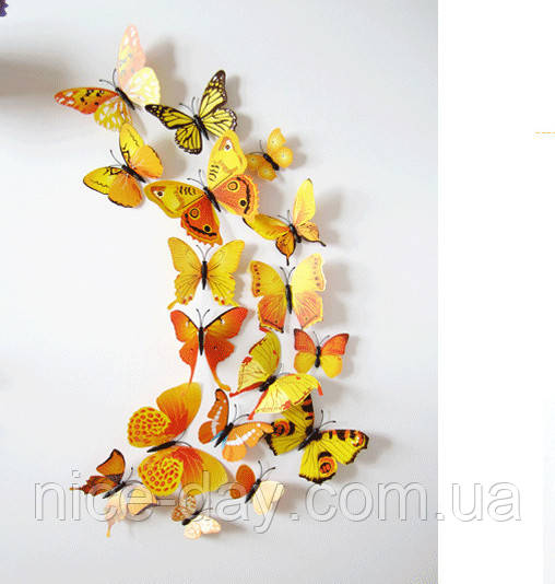 Декоративні 3D- метелики на магнітах, наклейки на стіну/Пернята на холодильник Жовтий колір 12 шт.