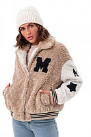 Бомпер женский зимний, экомех барашек, дизайнерский, куртка короткая зимняя, Капучино-молочный, 46