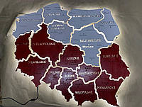 Деревянная карта Польши на акриле с подсветкой между областями на подарок цвет Flag S-90х84см(35.4"x33")