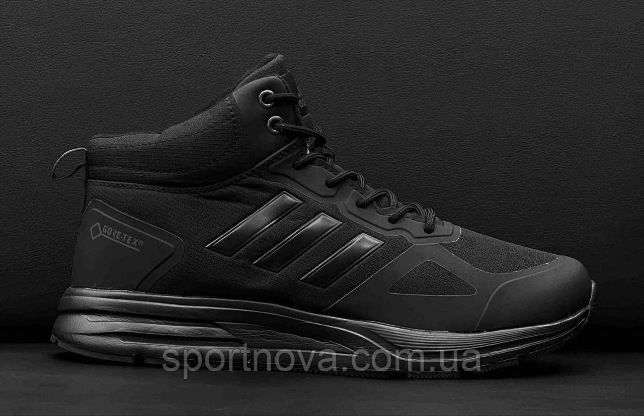 Жіночі підліткові високі кросівки зима з хутром Adidas Gore-tex водовідштовхувальна тканина чорні 36-41р.