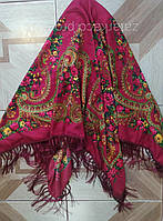 Женский платок палантин косынка с орнаментом бахромой шёлковые кисточки бордо красное вино хустка с орнаментом