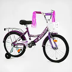 Дитячий двоколісний велосипед 18 дюймів CORSO MAXIS CL-18397 з додатковими колесами та кошиком / фіолетовий для дівчинки