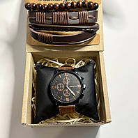 Часы мужские наручные кварцевые цвет темно коричневый в комплекте с браслетами 3 шт в подарочной коробке