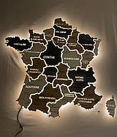 Карта Франции с подсветкой между областями для декора на акрил цвет Bordo
