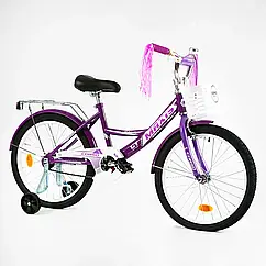 Дитячий двоколісний велосипед 20 дюймів CORSO MAXIS CL-20876 з додатковими колесами та кошиком / фіолетовий для дівчинки