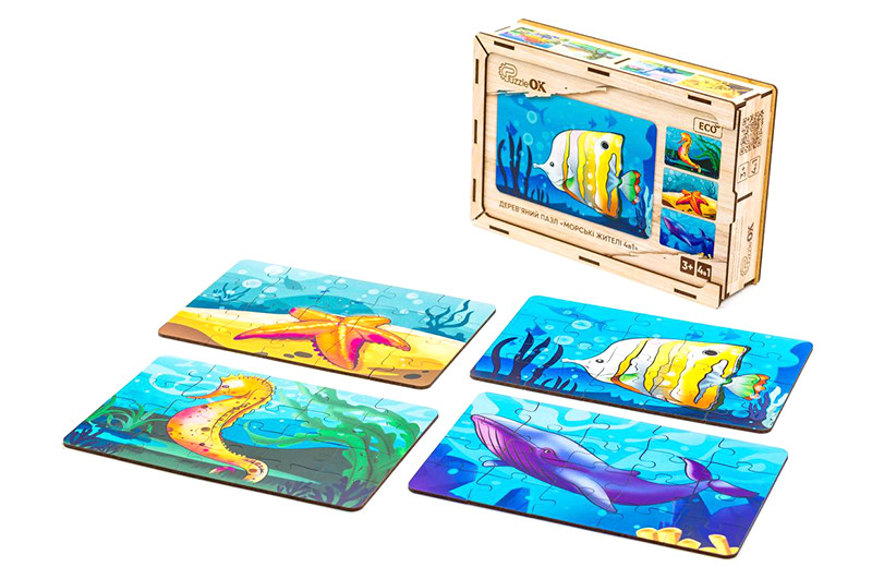 Дерев'яний пазл 4 в 1 "Морські жителі" 15 елем. в малюнку  PuzzleOK