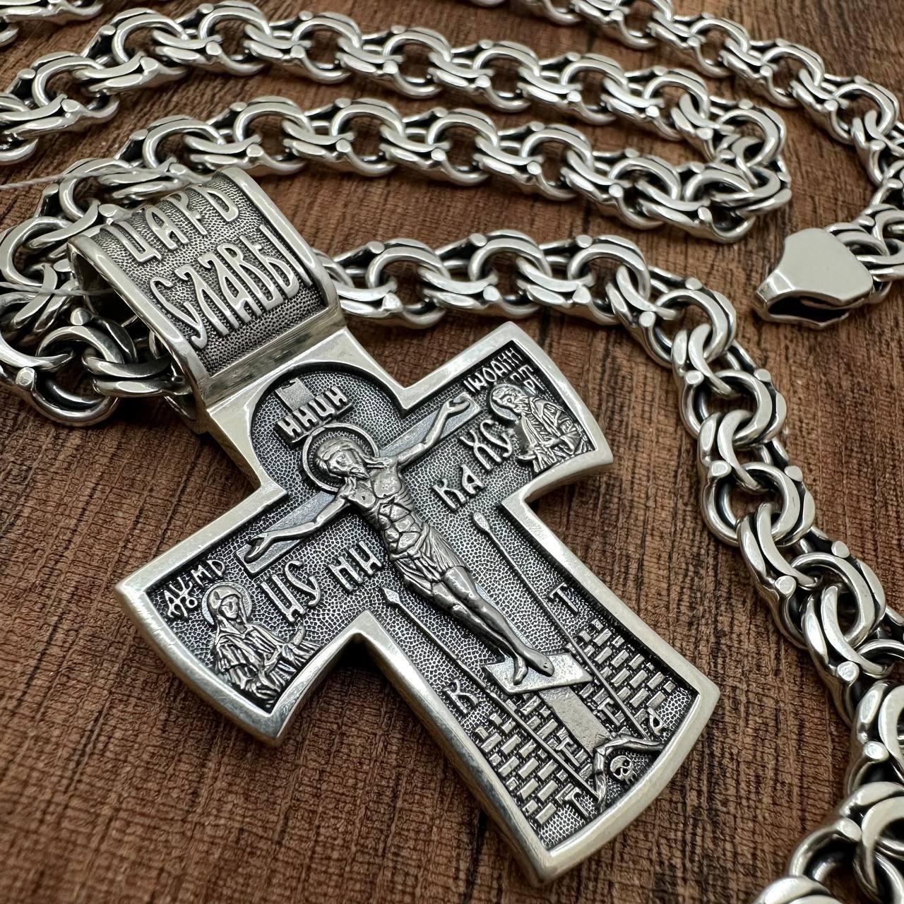 Чоловічий масивний срібний комплект: двосторонній хрестик + ланцюжок Бісмарк 8 мм (70 г, чорніння, 925 проба), фото 1