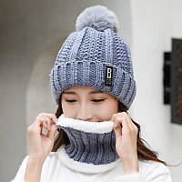 Женский зимний комплект шапка и баф (снуд) вязаный меховой, женский серый зимний комплект Код:MS05