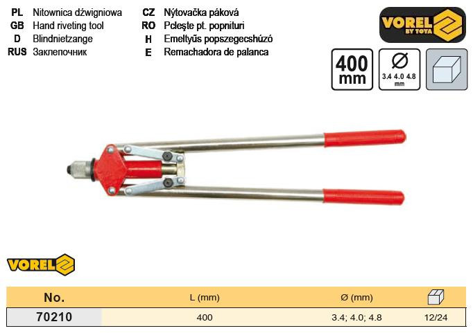 Заклепник заклепочник важільний посилений l=400 мм Ø=3,4/4,0/4,8 VOREL-70210