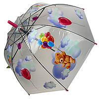 Дитяча прозора парасолька-тростина напівавтомат із яскравими малюнками ведмедиків від Rain Proof з рожевою ручкою 0272-2