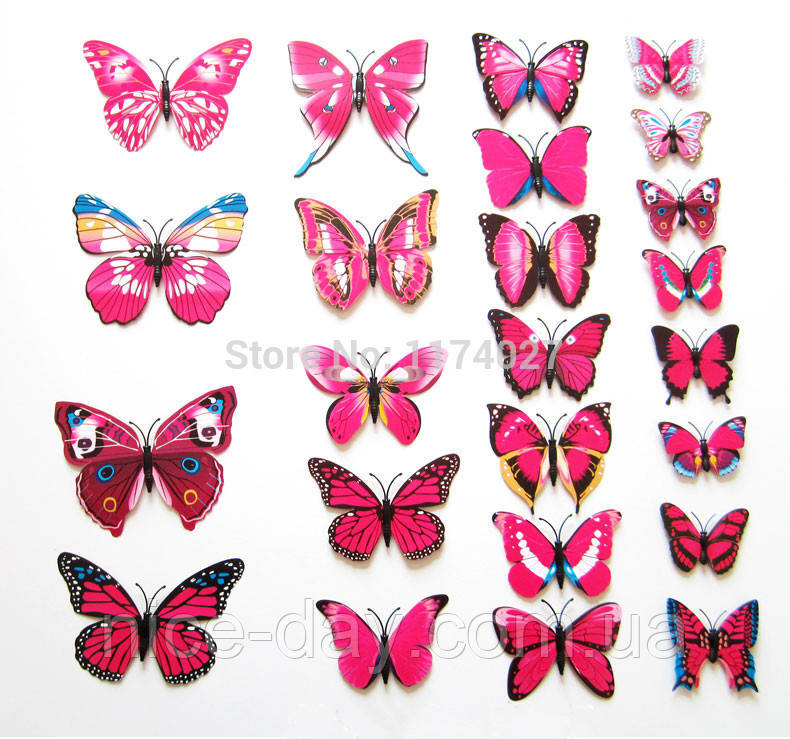 Декоративні 3D- метелики на магнітах, наклейки на стіну Рожевий колір 12 шт.