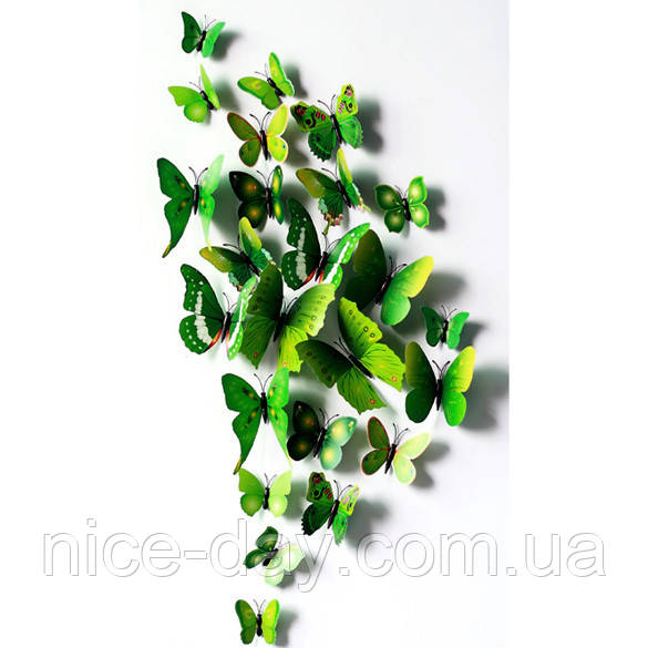 Декоративні 3D- метелики на магнітах, наклейки на стіну/Пернята на холодильник Зелений колір 12 шт.