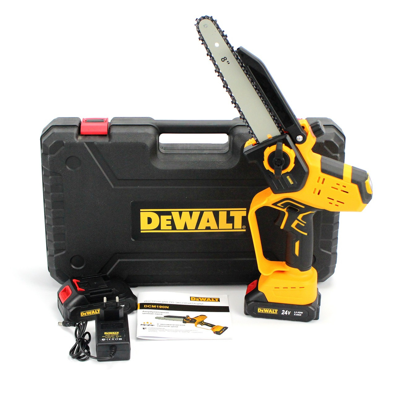 Акумуляторна мініпила DeWalt DCM190N (24V, 5 Аh), з індикатором заряду й автоматичним змащенням ланцюга