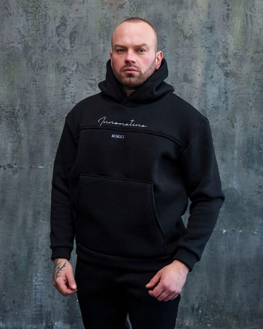 Чоловічий спортивний костюм чорний осінь зима теплий на флісі комплект зимовий спортивний худі та штани