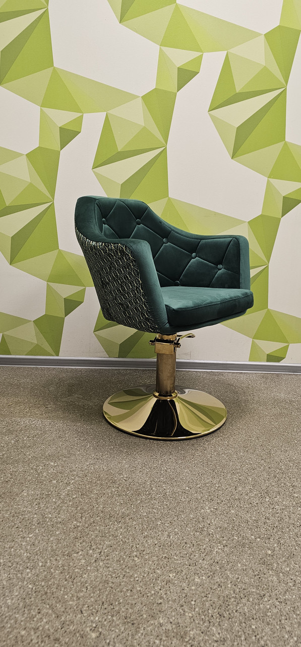 Перукарське крісло на гідравліці HR832H зелений велюр золотиста основа, фото 1