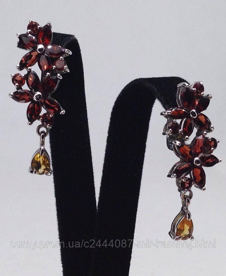 Сережки з натуральним природним каменем Гранат Мозамбік та Цитрин. Срібло 925 проби покрите золотом 14 карат, фото 1