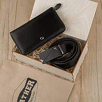 Мужской подарочный набор кожаный ремень и кошелек из натуральной кожи черный пряжка автомат Leather