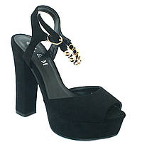 Босоножки женские на высоких каблуках чёрные из искусственной замши с оригинальным ремешком размер 38