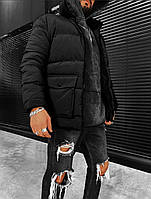 Мужской стильный дутый зимний пуховик чёрный базовый