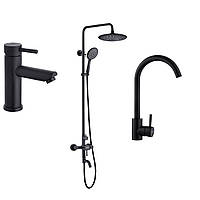Черный гарнитур Kroner, набор сантехнических смесителей: Душевая система, смеситель для ванны и кран для мойки