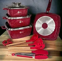 Набор кастрюль сотейник квадратная сковорода Higer Kitchen НК-317 с лопатками 14 предметов Красный