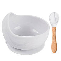 Набор силиконовой посуды 2Life Y1 глубокая тарелка для супа и деревянная ложка Белый мрамор v-11566