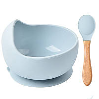 Набор силиконовой посуды 2Life Y5 глубокая тарелка для супа и деревянная ложка Голубой n-11570
