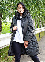 Удлиненная зимняя женская куртка с капюшоном без меха теплая длинная куртка женская 48/50, Хаки