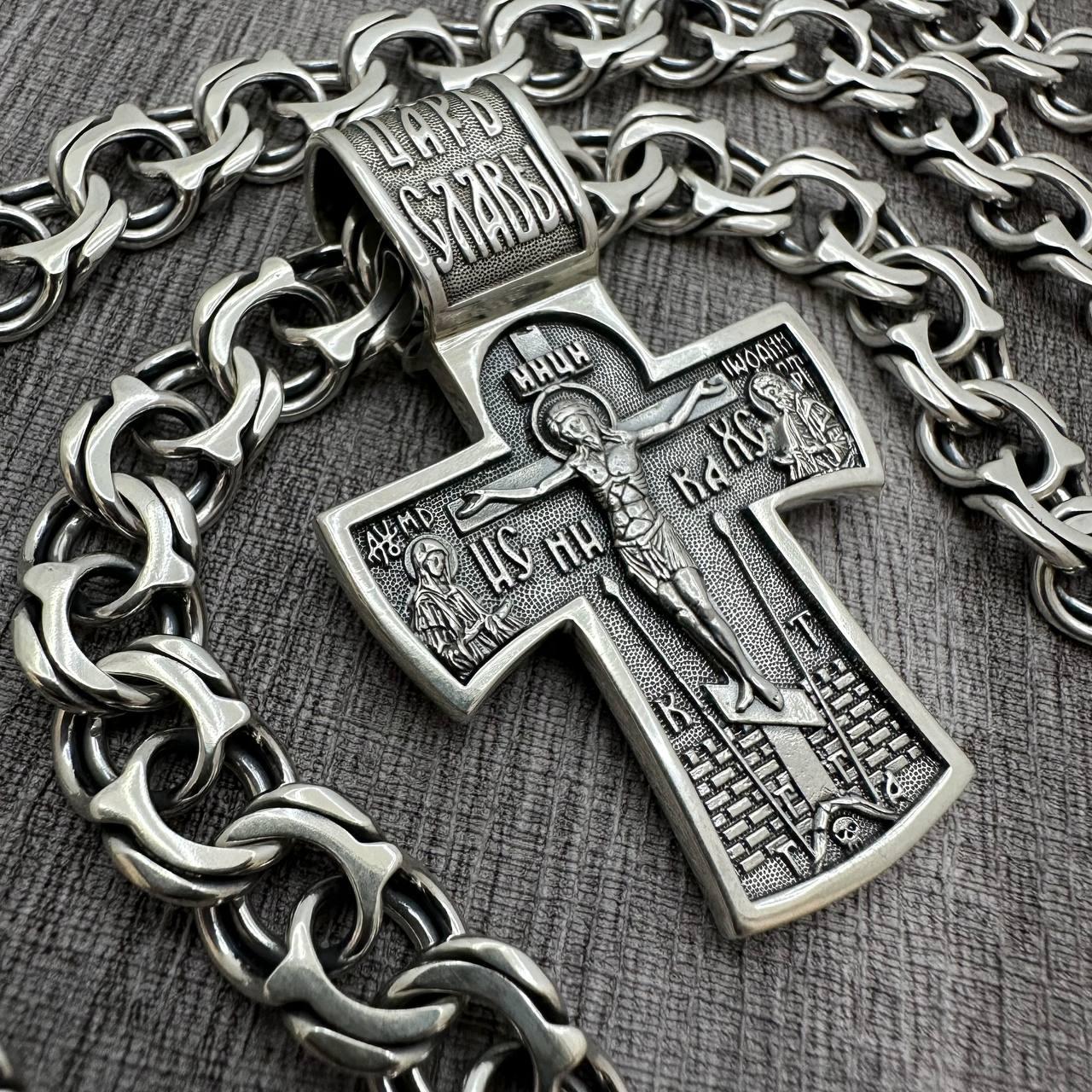 Срібний комплект красивий двосторонній хрест та ланцюжок бісмарк 925 проба чорніння