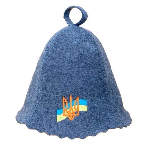 Шапка для лазні та сауни термостійка, з яскравою вишивкою "Герб із Прапором України" Сіра