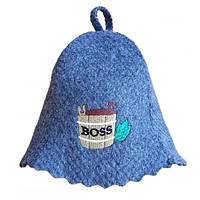 Термостойкая шапка из ткани для бани и сауны с яркой вышивкой "Кадушка Boss" Серая