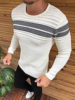 Мужской свитер белый с серыми полосами на груди Турция