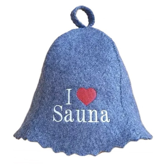 Шапка для бані та сауни з яскравою вишивкою "I love sauna" Сіра