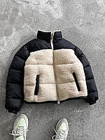 Плюшевая зимняя куртка бежевая с черным